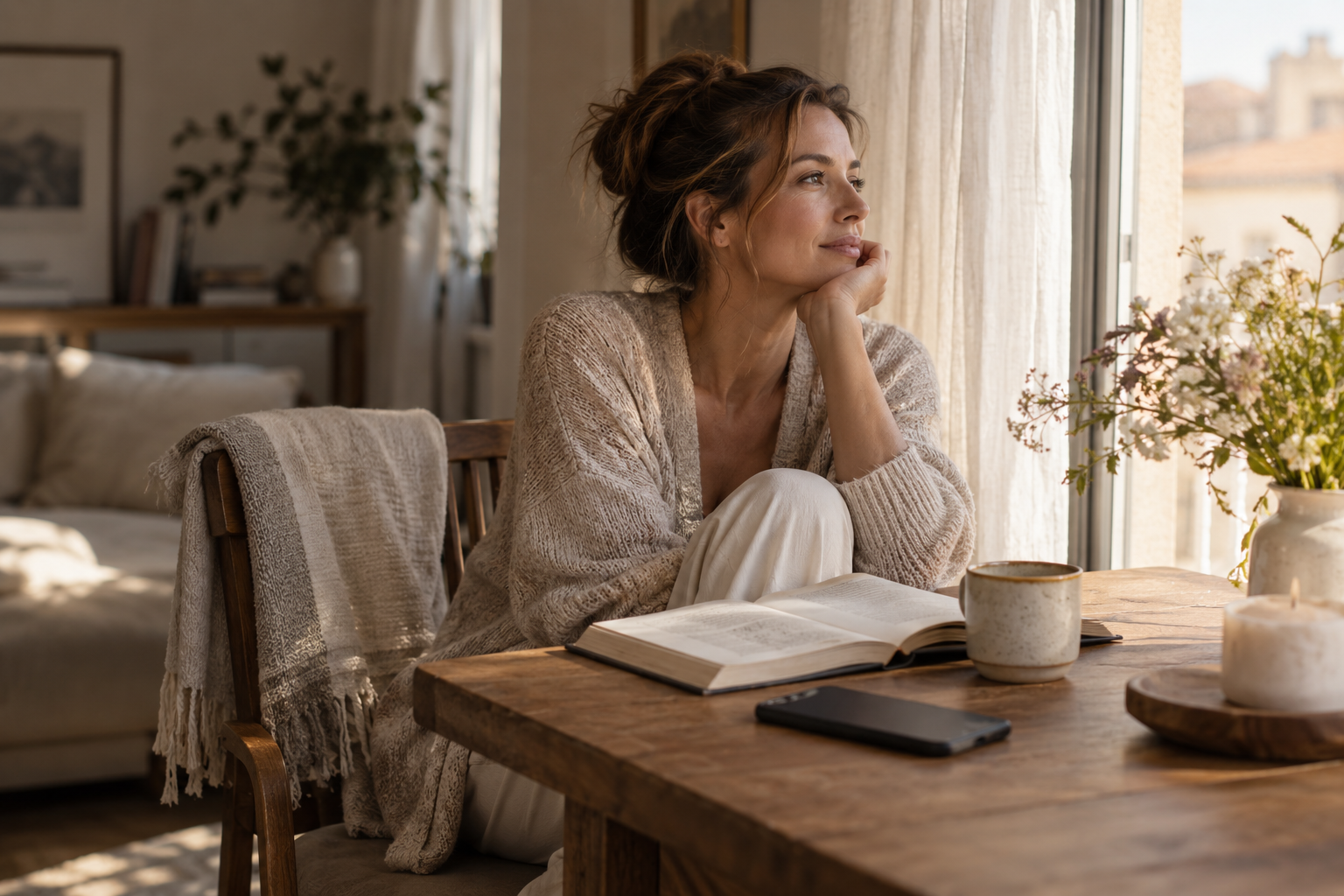 Žena provodi mirno jutro bez ekrana uz knjigu i kafu, editorial fotografija za članak o slow livingu.