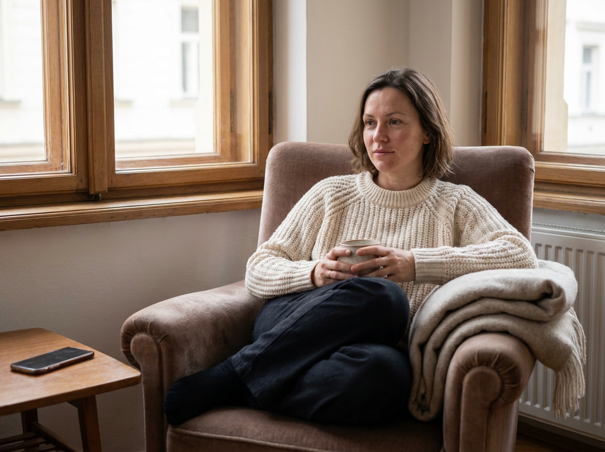 Žena odmara uz prozor dok je telefon odložen, editorial fotografija za članak o selfcareu i oporavku od stresa.