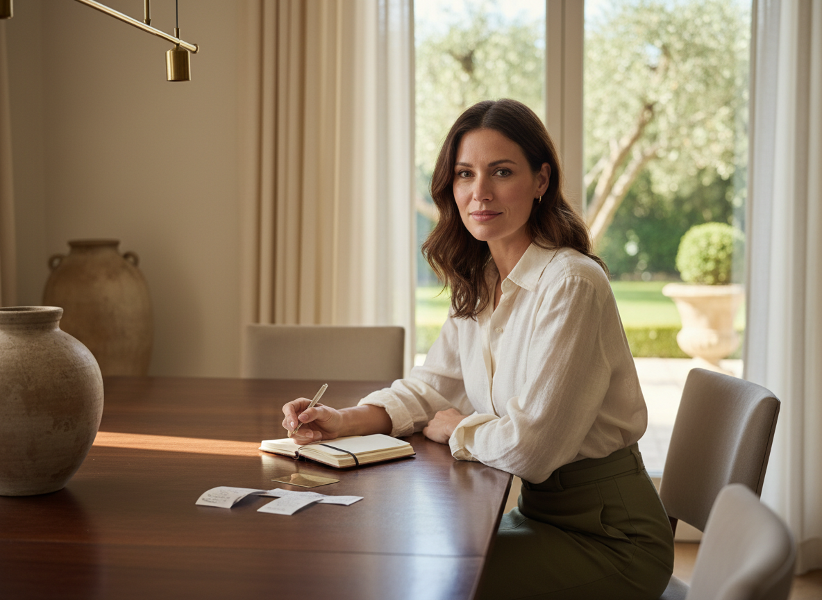 Žena mirno pregledava bilješke i finansijske papire za stolom u elegantnom editorial kadru, kao metafora sigurnosti, resursa i finansijske autonomije.